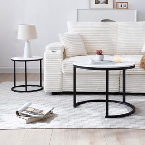 Set di 2 Tavolini da Caffè Rotondi in Legno con Motivo Marmorizzato, Struttura Nera e Piano Bianco-Grigio per Soggiorno e Camera da Letto - Product Image 4