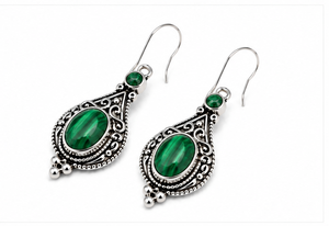 Boucles d'oreilles pendantes en argent sterling 925 avec malachite, pierre précieuse verte, filigrane, faites à la main, bijoux statement pour femmes - Product Image 2
