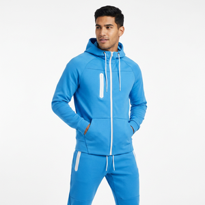 Ensemble de survêtement unisexe bleu, sweat-shirt à capuche zippé et pantalon long, couleur unie décontractée, polyester respirant, vêtements de printemps - Product Image 6