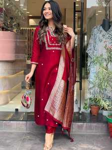 Pink Viscose Chanderi Suit Set Embroidered <b>Kurta</b> Pant Dupatta <b>Women</b> Ethnic Wear Party Office - Product Image 4