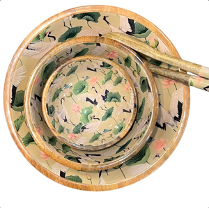 Bols de service en bois naturel de style bohème avec motif imprimé en émail, faits à la main, pour les collations, les pâtes, la présentation des aliments, ou comme cadeau. - Product Image 4