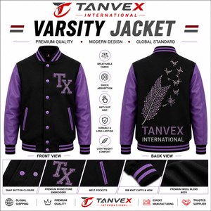TANVEX INTERNATIONAL Men's Varsity <b>Jacket</b> Black Gold <b>Rhinestone</b> Embroidery PU Leather Snap Button Closure Preppy Style - Product Image 3