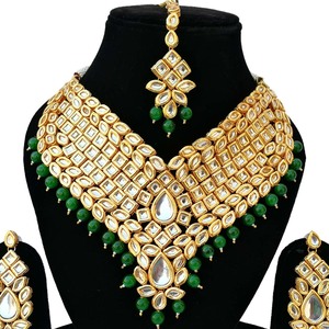 Vintage Style Kundan Flower Shape Alloy 24K Gold Plated Jewelry Set Necklace Earrings Headpiece Wedding Anniversary - Product Image 2
