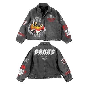 Chaqueta vaquera vintage de alta calidad para hombre, con parches personalizados, estilo urbano, cuello con cremallera, informal. - Product Image 4