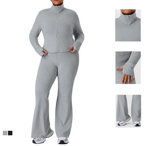 Conjunto Deportivo de Yoga para Mujer, Chaqueta Ajustada con Cuello Alto y Pantalones Acampanados de Cintura Alta, con Logotipo Personalizado, Tallas Grandes - Product Image 4