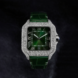 Reloj de Lujo Vintage con Moissanita VVS, Estilo Hip Hop Moderno, Correa de Cuero Verde, Esfera de Cristal, Diamantes Engastados, Movimiento Automático, Acero Inoxidable - Product Image 2