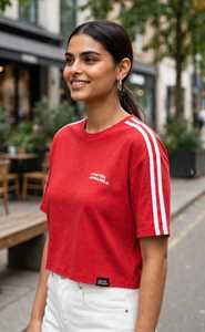 Oneten Apparels Women Red Short Sleeve T Shirt Crew Neck Sporty <b>Top</b> With <b>White</b> Side Stripes - Product Image 5