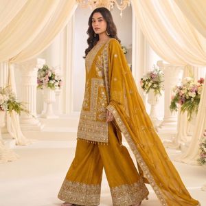 Heavy Soft Silk Elegant <b>Top</b> Bottom Set With Premium Real Mirror Embroidery <b>Net</b> Dupatta Wholesale Rate By Royal Export - Product Image 4