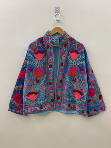 Bata de mujer con cuello en V, 100% algodón, reversible, con bordado floral azul, tipo kimono largo, con cinturón, para estar en casa, hecha a mano - Product Image 2