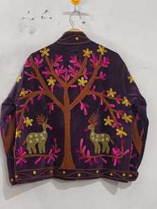 <b>Hand</b>-Embroidered Floral Velvet Outerwear Olive <b>Green</b> Velvet Jacket Stand Collar Long Sleeve Boho Vintage Floral <b>Towel</b> Embroidery - Product Image 2