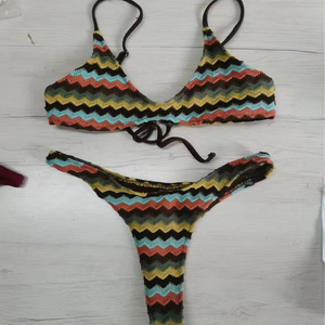 Conjunto de bikini de dos piezas de chifón bordado con cuerda y aberturas, talla estándar, ropa de playa - Product Image 1