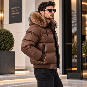 Men's Breathable Plaid Pattern Puffer Jacket Hooded Leather | Giacca Trapuntata Uomo | Chaqueta Acolchada | Veste <b>Matelasse</b> | - Product Image 2