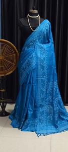 Sari de Seda Azul Pintado a Mano para Mujer, Tradicional Indio y Pakistaní, para Boda, Largo hasta el Suelo, Étnico, Corte Regular, para Todas las Estaciones - Product Image 6