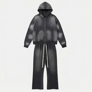 Three Piece Winter Hooded Cargo Sweatpants Set Cotton French Terry Embroidery Crop Acid Wash Breathable Eco <b>Tracksuit</b> - Product Image 1