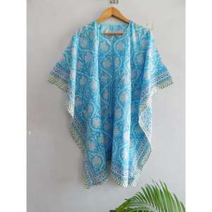 Vestido Kaftán Maxi de Algodón con Estampado de Bloques, Cuello en V, Manga Murciélago, Hecho a Mano, Estilo Boho, para Playa, Túnica Holgada, Ecológico, Natural y Transpirable - Product Image 4