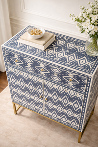Aparador de Madera Maciza con Incrustaciones de Hueso Hecho a Mano, Gabinete con Cajones, Consola de Almacenamiento, Armario Decorativo con Patrón Azul y Blanco para Sala de Estar - Product Image 3