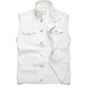 <b>White</b> <b>Men's</b> Sleeveless Denim <b>Vest</b> Distressed Cotton Waistcoat With Button Front - Product Image 1