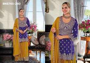 Collection de vêtements ethniques de qualité supérieure, tendance, en chinon avec broderies, comprenant kurta, palazzo et dupatta, fournisseur de vêtements ethniques de Surat. - Product Image 3