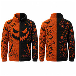 Men's Reversible Fleece Jacket Halloween Pumpkin Bat Print Zipper Closure Sherpa Lined Casual Autumn <b>Coat</b> - Product Image 1