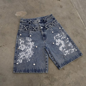 Men's Denim Bermuda <b>Shorts</b> High Waist Button Fly <b>Sequined</b> Decoration Casual Style Woven Cotton - Product Image 3