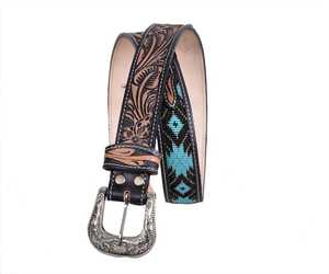 Premium <b>Western</b> Embroidered <b>Belt</b> With Turquoise Beaded Pattern Silver Alloy Buckle Casual Durable Handcrafted Leather <b>Belt</b> - Product Image 3