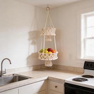 Cesta colgante de macramé para frutas, organizador de almacenamiento de tres niveles, ideal para encimera de cocina, elegante, que ahorra espacio y de uso decorativo - Product Image 2