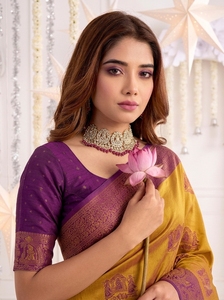 AARA Fashion <b>Purple</b> Mustard Silk <b>Saree</b> Traditional Print Sun Protection Floor-Length Wedding Wear for Women India Pakistan Style - Product Image 4