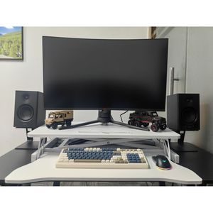 32-Inch White Dual Monitor Laptop Workstation Height <b>Adjustable</b> Dual Monitor Sit Stand Riser Wide Keyboard Tray <b>Computer</b> <b>Desk</b> - Product Image 3