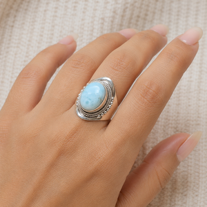 925 Sterling <b>Silver</b> Oval Blue Larimar Gemstone Handmade Boho <b>Statement</b> <b>Ring</b> Rose Gold & Yellow Gold Plated Luxury Jewelry - Product Image 2