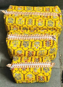 Yellow Toiletry Bag Embroidered Cotton Cosmetic Bag Bohemian Style Multi Function Zipper Large Capacity <b>Makeup</b> Organizer - Product Image 2