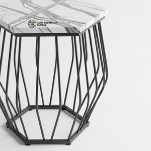 Mesa de Centro de Lujo de MDF Blanco y Madera Maciza, Forma Hexagonal, Taburete de Metal con Recubrimiento de Polvo Negro, Minimalista, para Dormitorio o Entrada - Product Image 6