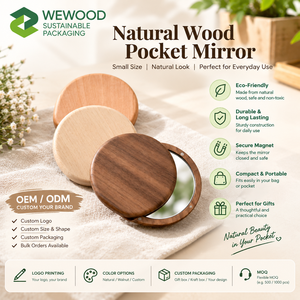 WEWOOD Custom Modern Durable Natural Wood Round <b>Pocket</b> <b>Mirror</b> Portable Folding Compact Hand <b>Mirror</b> - Product Image 2