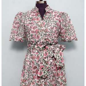 ชุดเดรสทรงเอผ้าฝ้าย 100% สำหรับผู้หญิง ทำมือ เป็นมิตรกับสิ่งแวดล้อม คอวี แขนสั้น ลายดอกไม้ ระบายอากาศได้ดี ซักได้ - Product Image 4