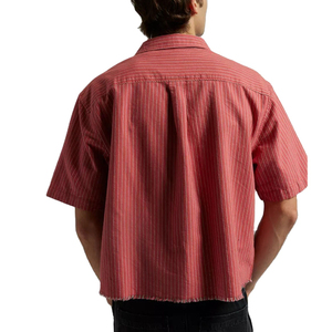 Chemise en flanelle déchirée à rayures rouges pour homme, manches courtes, col rabattu, tissu popeline, style décontracté, été - Product Image 4