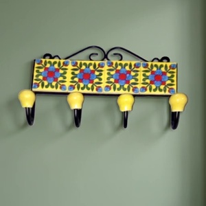 Vintage Floral Tile Wall <b>Coat</b> <b>Hook</b> With 4 Yellow <b>Hooks</b> Metal Handmade <b>Decorative</b> Rack For Clothing Storage - Product Image 5