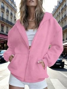 Sudaderas con cremallera para mujer al por mayor, de algodón, lisas, informales, con capucha, color rosa, extragrandes, de color liso - Product Image 3