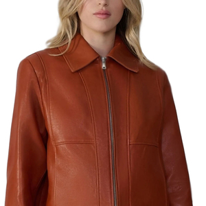 Blouson Bomber Femme en Cuir Véritable 2026, Manches Longues, Col Rabattu, Fermeture Éclair, Couleur Unie, Coupe Courte, Idéal Automne - Product Image 2