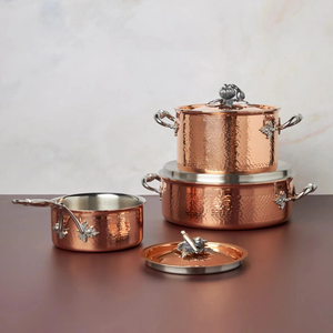 Casserole peu profonde en cuivre martelé fait main, fait de cuivre pur, avec couvercle décoratif à bouton en laiton motif animal (canard), ensemble de cuisson - Product Image 6