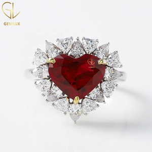 Bague Halo en Moissanite Rubis en Forme de Cœur, Bague de Fiançailles Vintage en Or 14 carats Bicolore, Bague Anniversaire à Grappe de Poires - Product Image 1
