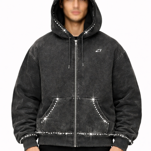 Sudadera con capucha para hombre, negra lavada, con ribete de pedrería, con cremallera, corta, oversize, de forro polar grueso, estilo streetwear, con hombros caídos, cordón y bolsillo frontal - Product Image 1