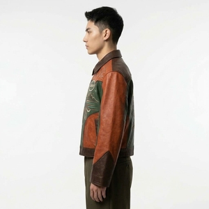 Blouson aviateur en cuir marron pour homme avec design patchwork coloré, col rabattable, fermeture éclair, style décontracté automne - Product Image 4