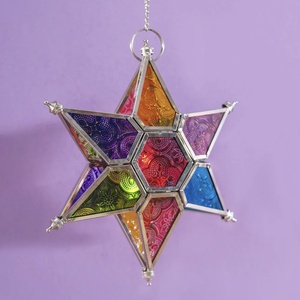 2026 Christmas Home Decorations Colorful Floral Glass Hanging <b>Star</b> Tea <b>Light</b> Candle Holder - Product Image 1