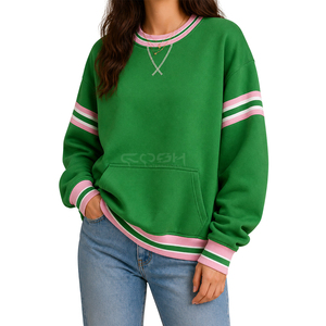 Sweat-shirt vert à col rond Cosh International Sisterhood Sorority avec rayures roses et blanches, manches longues, pull décontracté avec poche - Product Image 1