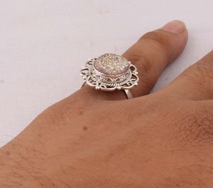 Natural Sparkly Druzy <b>Ring</b> 925 Sterling Silver Vintage Style Raw Crystal Agate <b>Ring</b> for Women Handcrafted <b>Boho</b> Statement Jewelry - Product Image 2