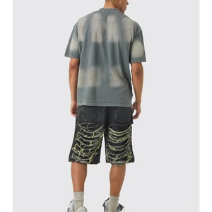 2026 Premium Oversized Sun-Bleached Heavyweight Cotton T-Shirt - Vintage Spray Wash Drop Shoulder Streetwear Tee in Faded <b>Slate</b> - Product Image 3