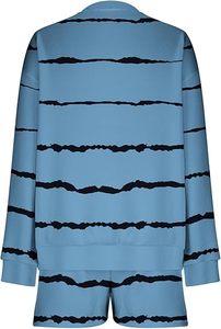 Women's Blue Striped <b>Knitted</b> 2-Piece Shorts <b>Set</b> Crew Neck Full Sleeve Loose Fit Casual Spring Summer Cotton Breathable Pocket - Product Image 5