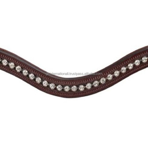 Durable Cow Softy Padding & <b>Stitching</b> Brown Premium Leather Horse Brow Band with Single Row <b>Crystals</b> Rhinestones Bling Chain - Product Image 3