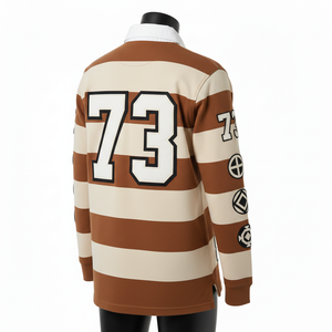 Maillot de rugby pour femme en coton piqué 260 GSM, marron beige, avec empiècements rayés et appliqué brodé, logo personnalisé - Product Image 2