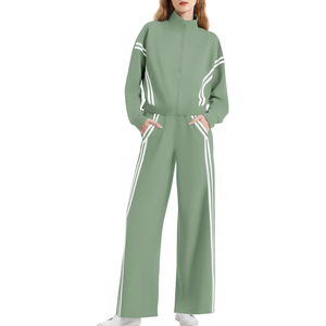 Ensemble de survêtement bleu pour femme, manches longues, style sportif, avec fermeture éclair rayée, coupe ample, 100 % polyester, idéal pour le printemps - Product Image 3