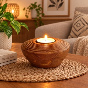 Support de bougie en bois artisanal, rond, pour bougies chauffe-plat, décoration de table, idéal pour les fêtes et Noël - Product Image 2